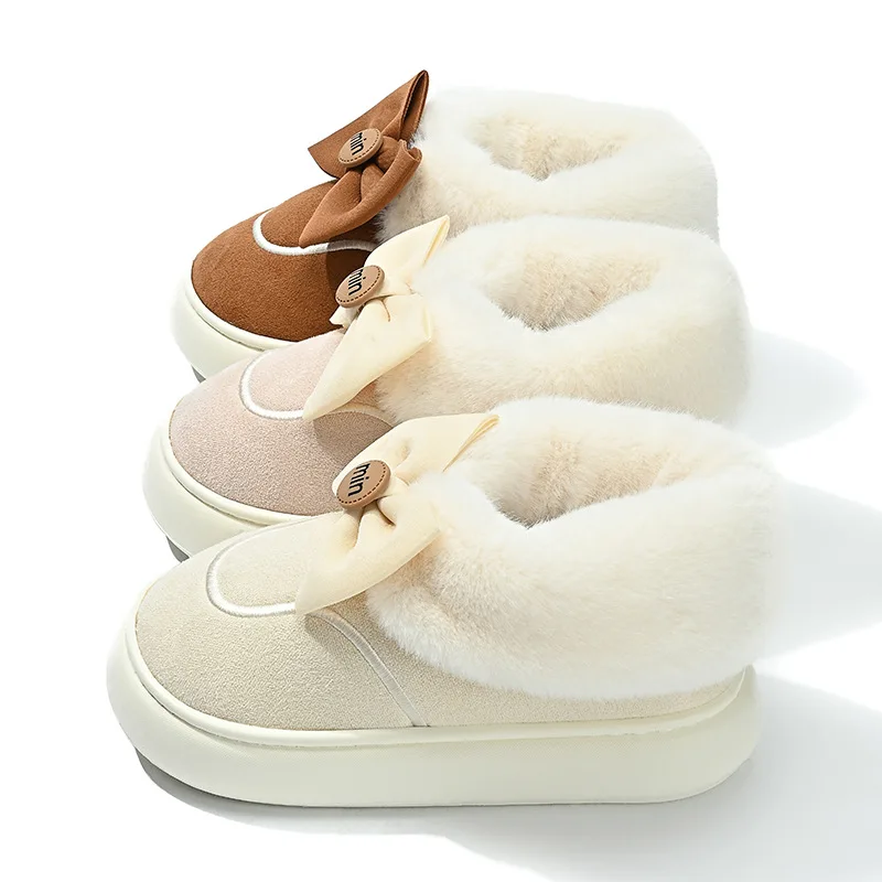 2023 Warm Winter Shoes Woman Indoor Slippers Cute Bow knot Solid Flock Ladies House Floor Boots Thick Sole Girls Street Footwear