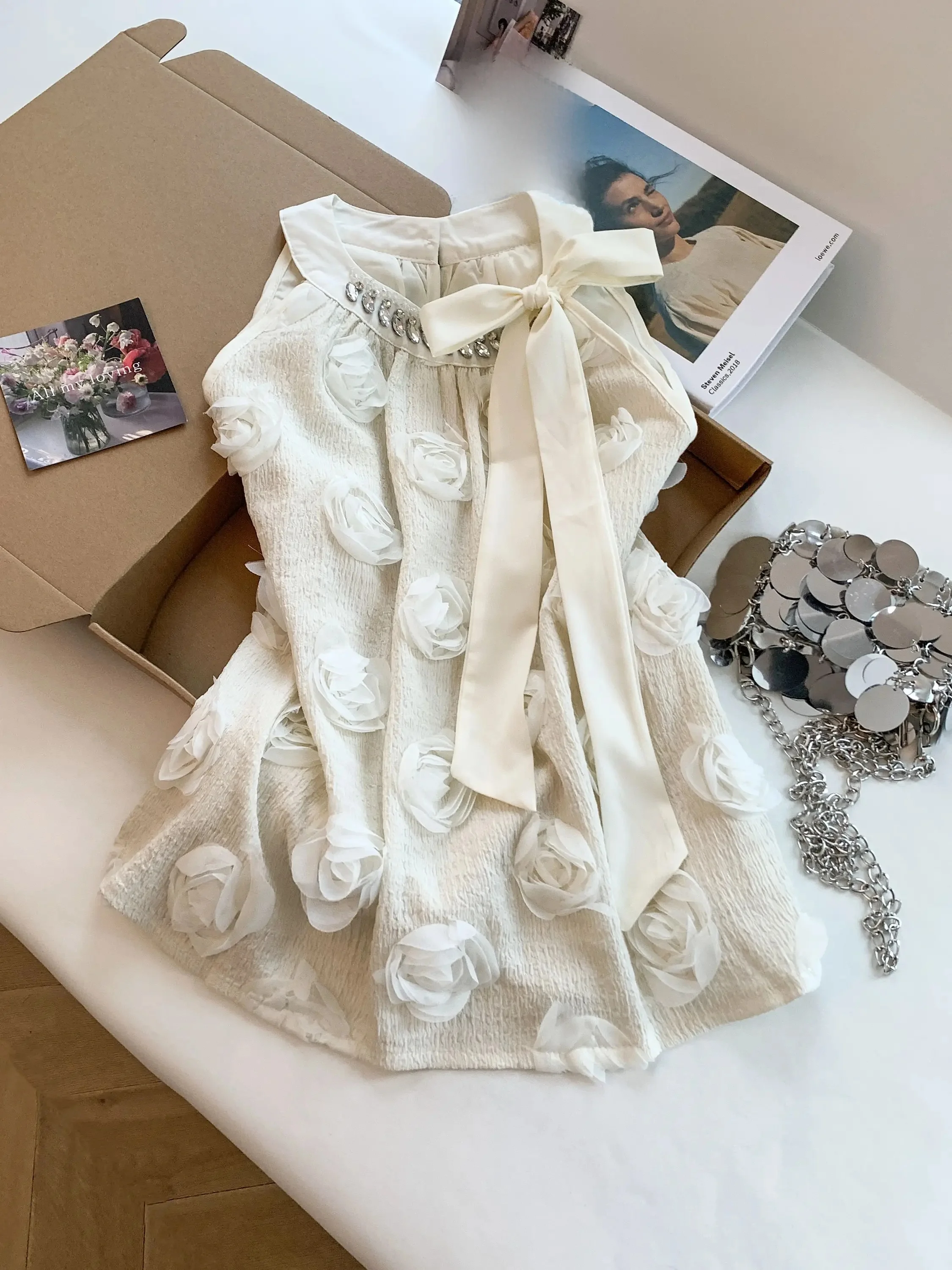

Summer Outfit Women's Sleeveless Vest Neck Hanging Flower Decoration Bow Tie Top Korean Style Loose Fit Breathable Polyester ...