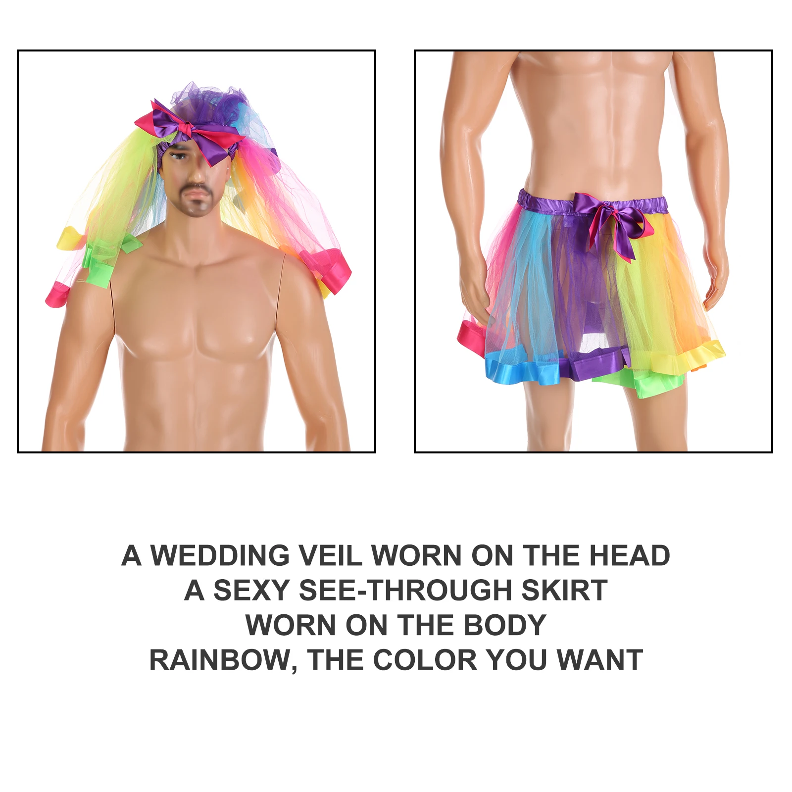 CLEVER-MENMODE Rainbow Pride męskie welony ślubne siatkowe eleganckie unisex Crossdressing męski tiulowy welon przezroczyste akcesoria Cosplay