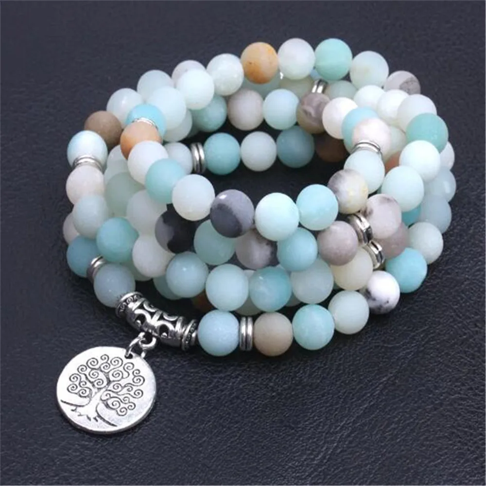 

6mm Amazonite Stone Tree of Life Pendant 108 Bead Mala Necklace Office Wear Stackable Unique Crafted Adjustable Minimalist