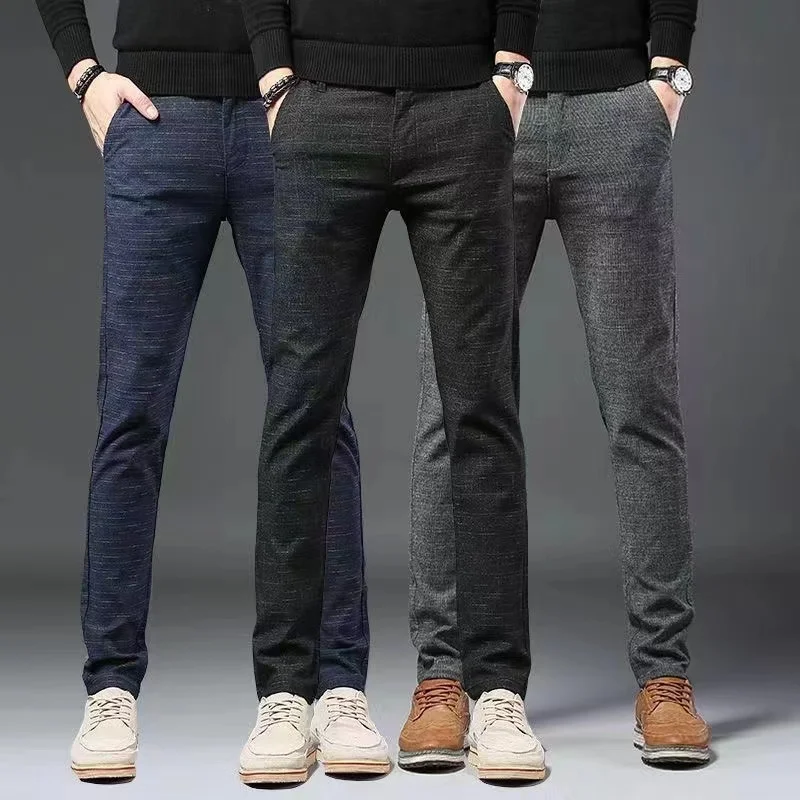 Classic Style Men\'s Casual Pants Fashion Striped Plaid Business Straight Slim Casual Pants Black Blue Gray Brand Men Trousers