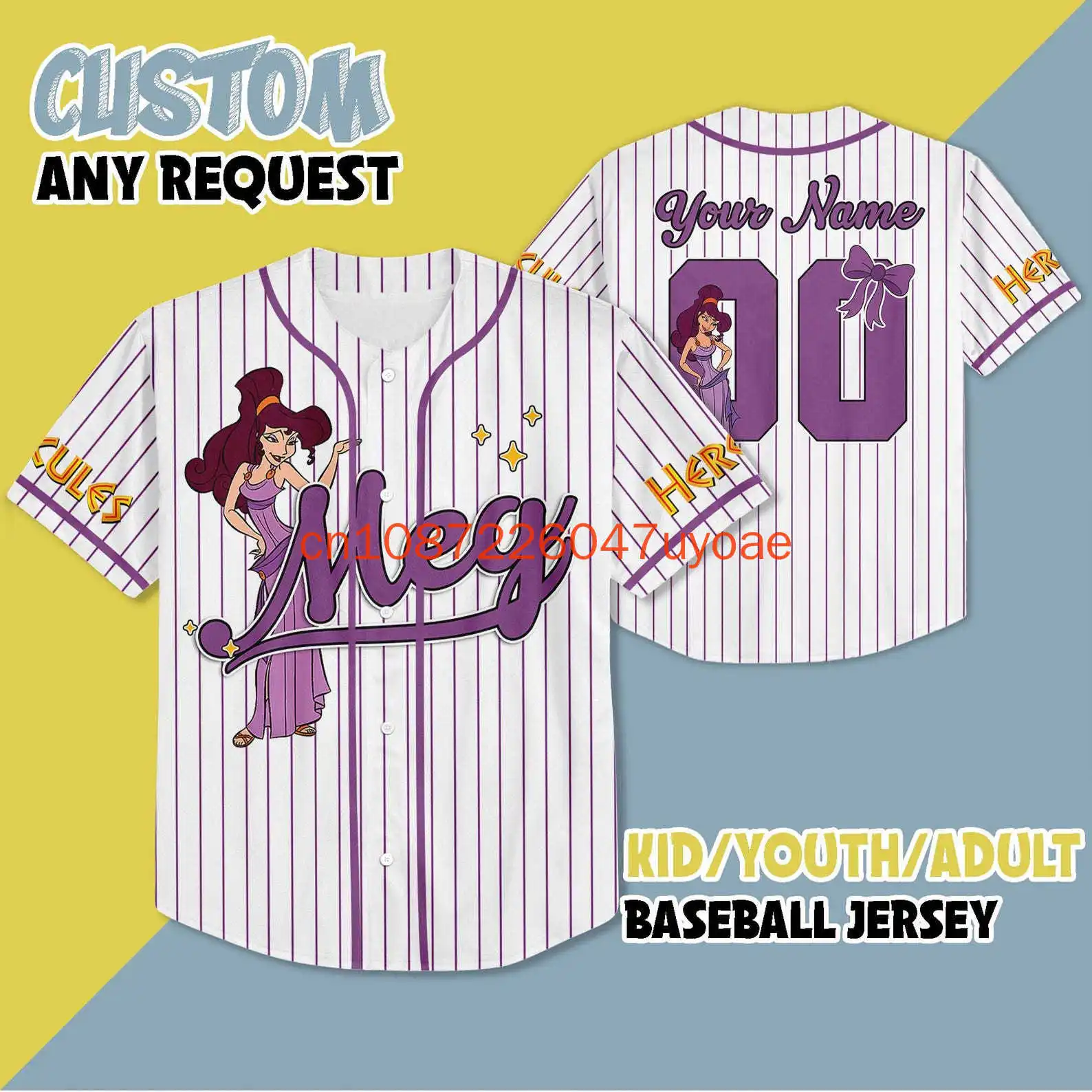 اسم مخصص ديزني هرقل خمر Megara 1997 البيسبول جيرسي ثلاثية الأبعاد مطبوعة موضة Harajuku الرجال والنساء قميص بيسبول