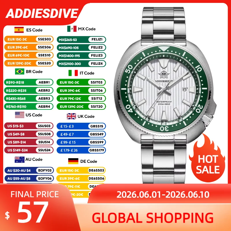 

ADDIESDIVE Japan 2115 Sapphire Crystal Men's Watch Waterproof Stainless Steel Quartz Watches Ceramic Bezel Super Luminous Clock