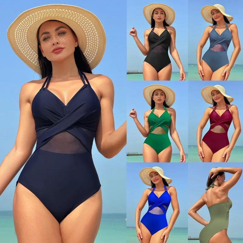 

European and American One-piece Swimsuit Women Solid Color Mesh Bikini Swimsuit Wholesale