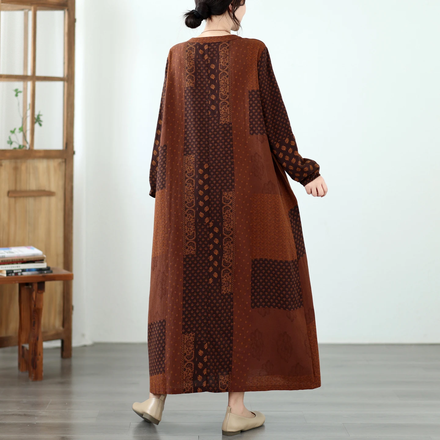 Artistic Vintage Print A-Line Dress Women's Loose Slimming Patchwork plus Size Cotton Blend Long Sleeve Autumn Citywalk Dress 4