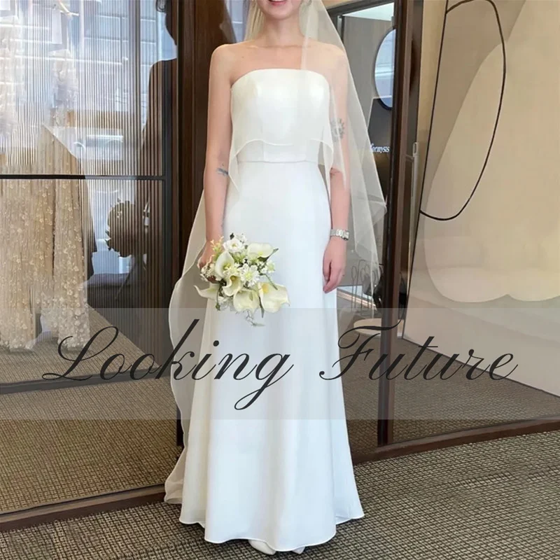 Elegant White A-Line Satin Wedding Dress Strapless Backless Bride Dresses Scoop Vintage Sleeveless Bridal Dresses Floor-Length