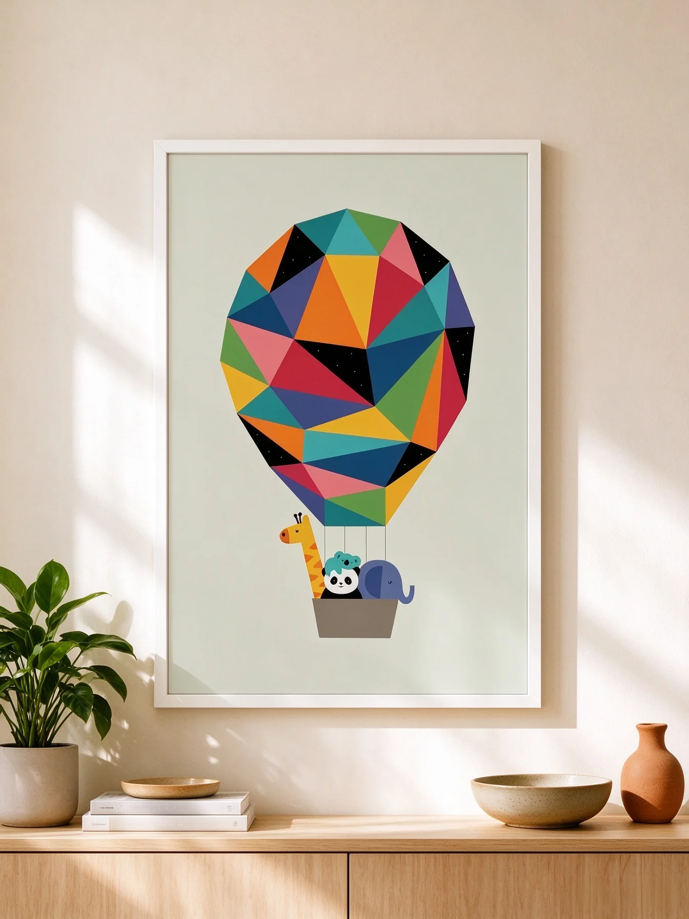 Geometric Hot Air Balloon Wall Art, Kids Animal Adventure Print, Bright Educational Nursery Decor for Playroom