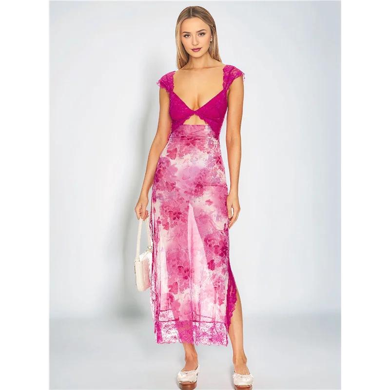 ASDS-Donna Abito lungo in rete patchwork di pizzo Stampa floreale Ritaglio Collo a cuore Spacco senza schienale Abiti lunghi estivi Y2K