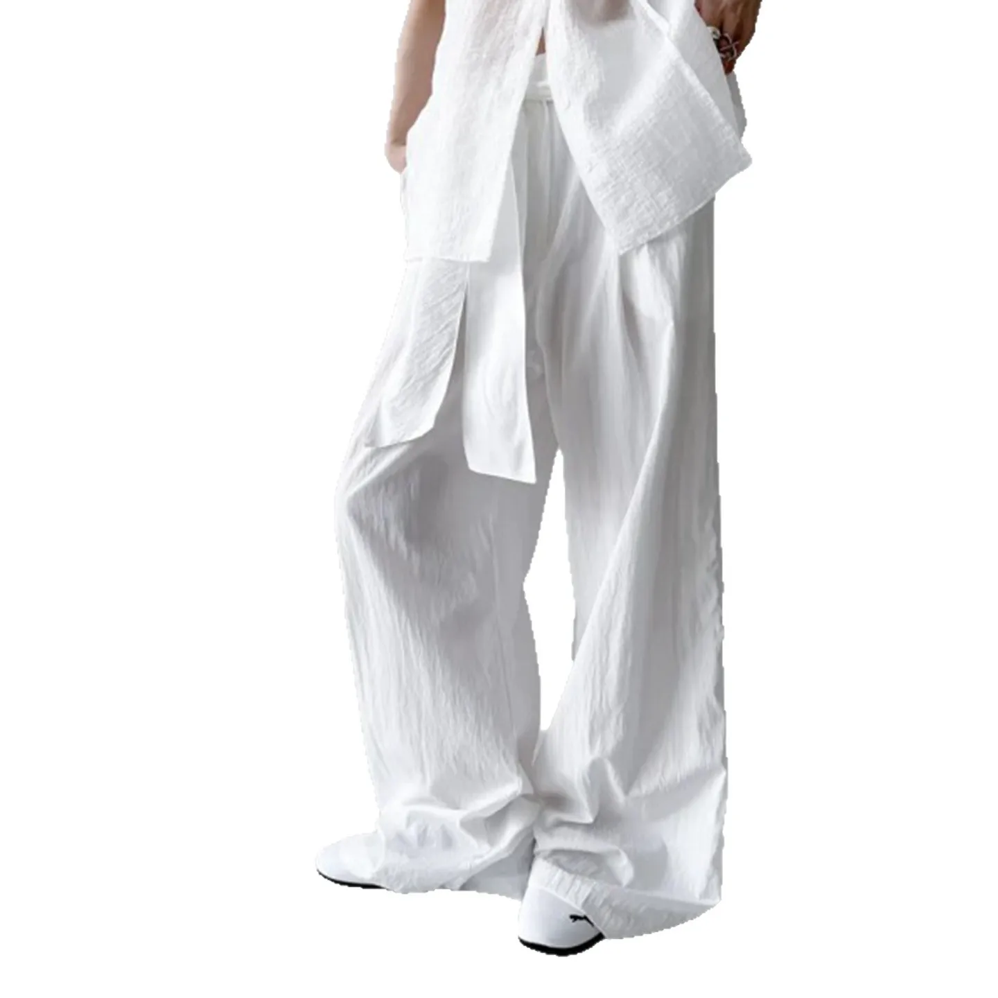 Cintura alta calças de perna reta feminina qui seco drapeado com cinto design versátil outono casual faion suave sle