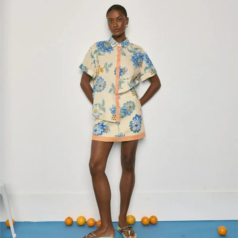 Summer Loose Print Women 2 Piece Set Outfit 2025 Vintage Short Sleeve Shirt With High Waist Mini Skirt Set Streetwear