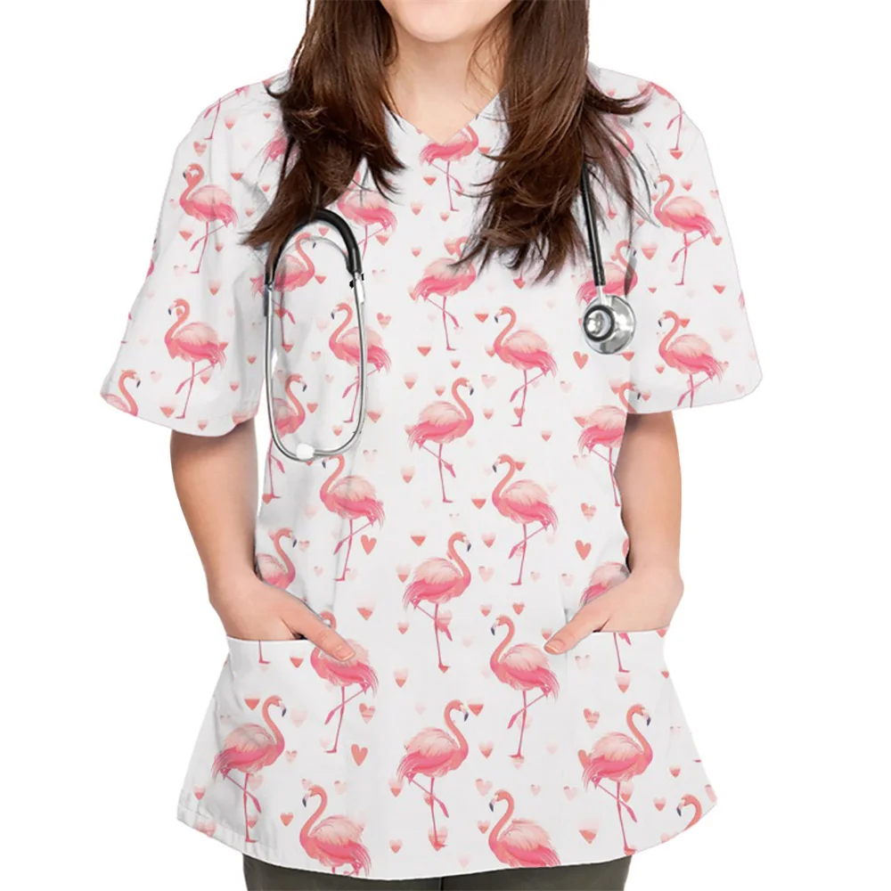 Surgical Uniform Woman Versatile Bird Print Surgical Gown Woman Short Sleeve Patch Pocket Top Dental Medical Uniform for Women