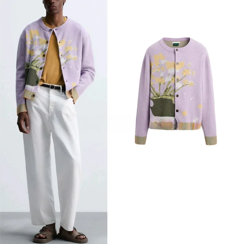 خريف جديد الرجال عادية مستقيم الساق محبوك سترة سترة مستديرة Ne ريترو طباعة ملابس خارجية ألياف البوليستر ort Sve #1