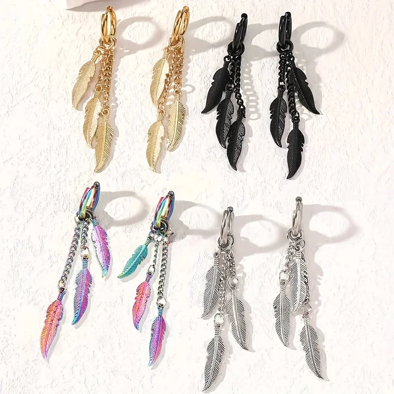 2 Pairs Stainless Steel Feather Chain Tassel Pendant Hoop Earrings for Women Men Street Punk Style Long Dangle Earrings