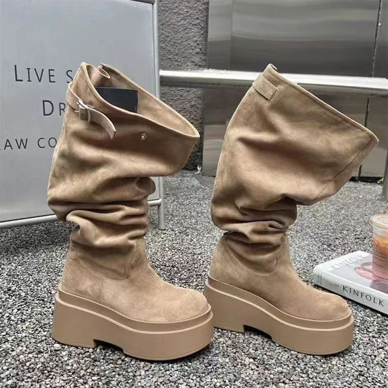 New Women's Suede Platform Knee High Boots 2026 Autumn Winter Gothic Chunky Heel Slouchy Combat Boots Thick Sole for Small Feet - view 5