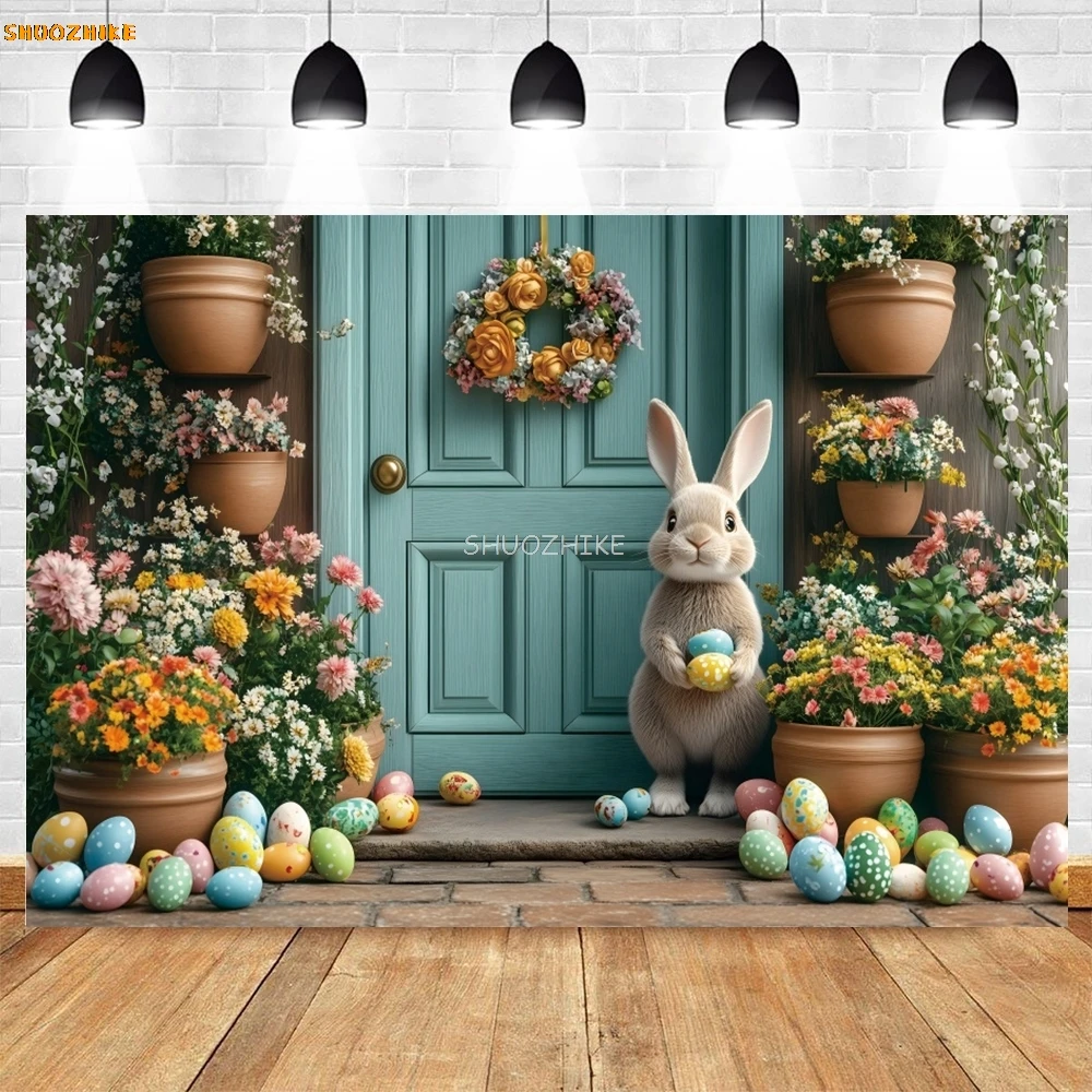 Easter Rabbit Wood Door Backdrop Flowers Eggs Birthday Party Baby Kids Portrait Family Party Photography Background Photo Studio