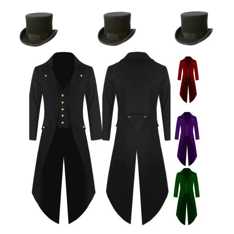 Plus Size 5XL Man Medieval Steampunk Costume Vintage Tailcoat Jacket Gothic Magician Ringmaster Coat With Magic Hat