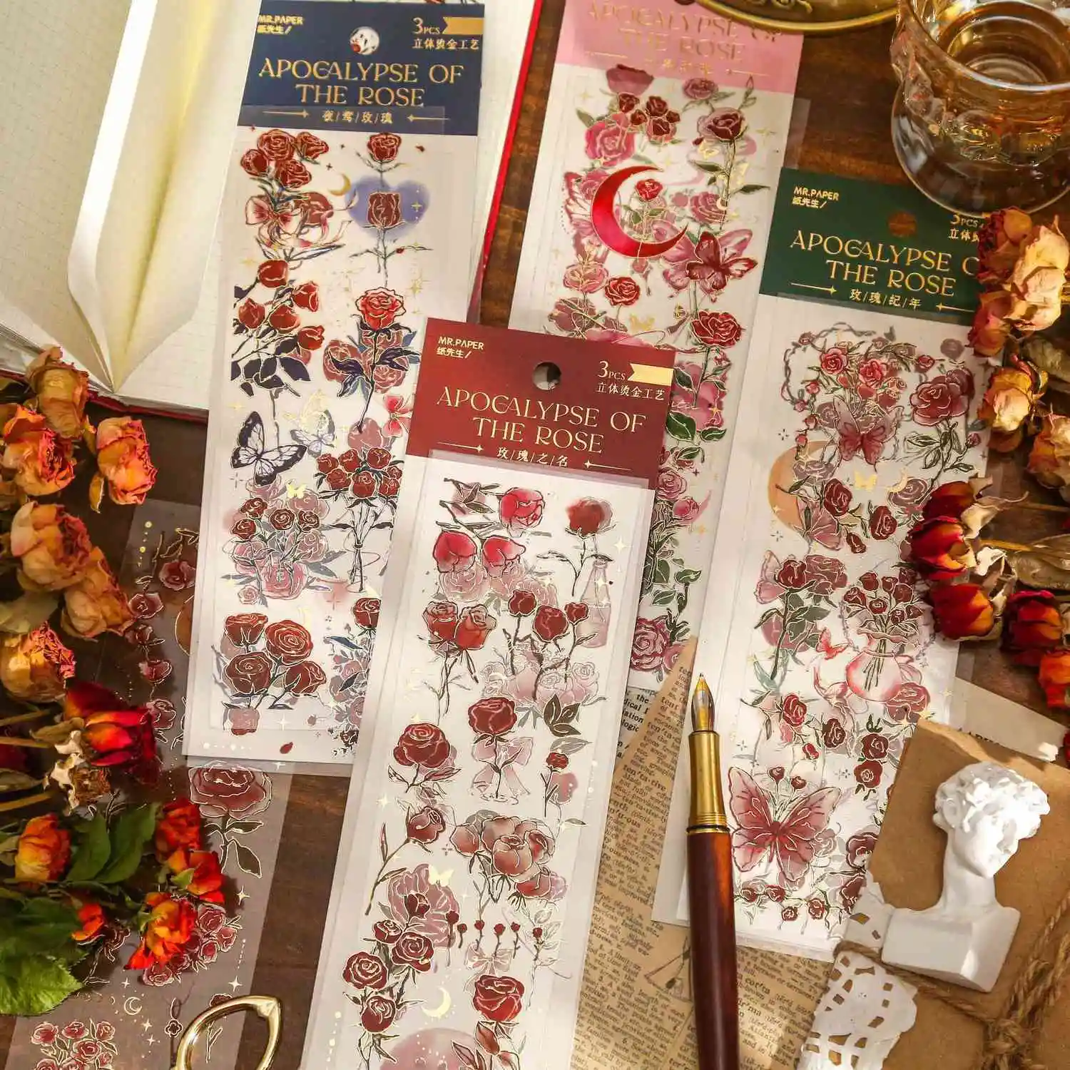 Rose Revelation PVC Three-dimensional Bronzing Flat Stickers Hand-painted Floral Manual Ledger Material Decorative Stickers