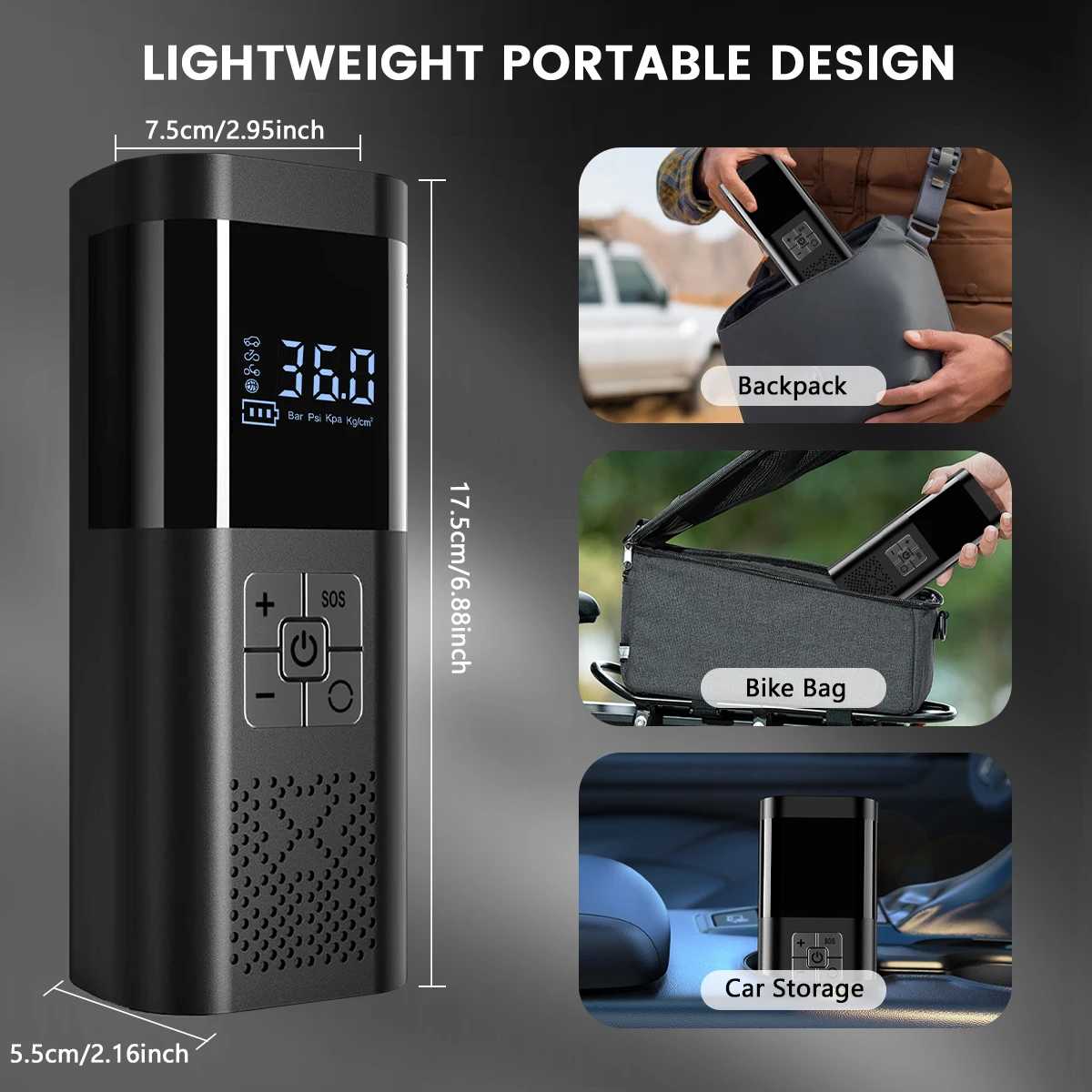 منفاخ إطارات لاسلكي أسرع 150 رطل لكل بوصة مربعة 3X - ضاغط هواء محمول مع مقياس رقمي، ضوء LED للسيارة والدراجة والدراجات النارية والكرات الرياضية #2