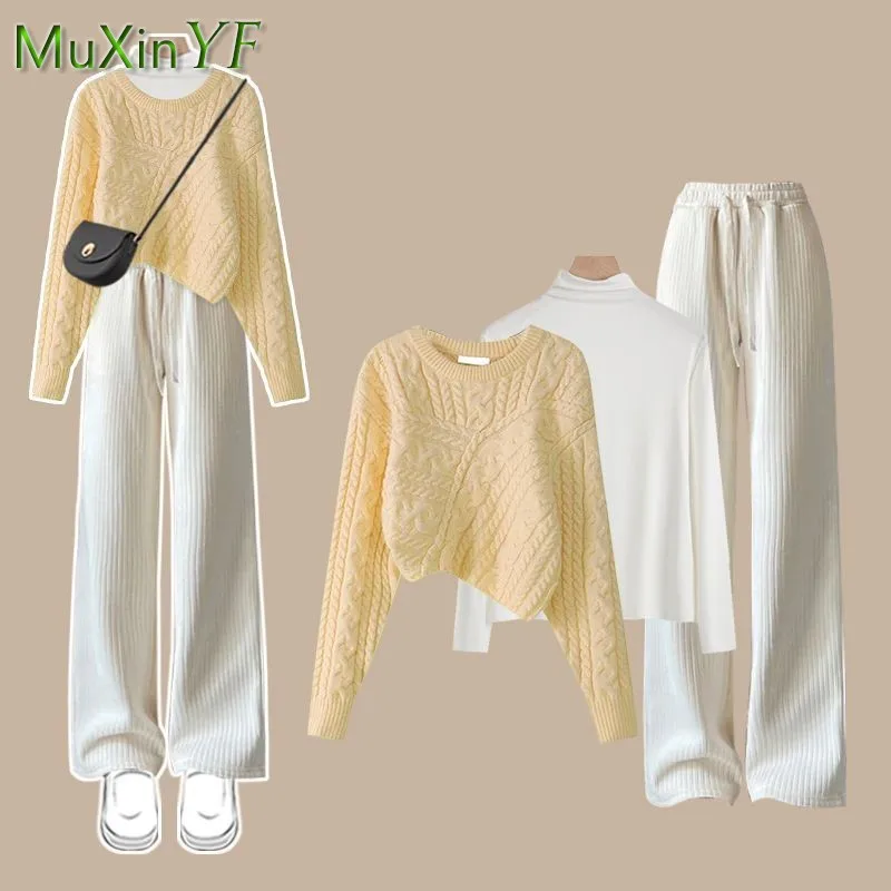 Conjunto de 3 piezas de suéter de punto para mujer, ropa interior informal, elegante, coreano, otoño e invierno, 2023