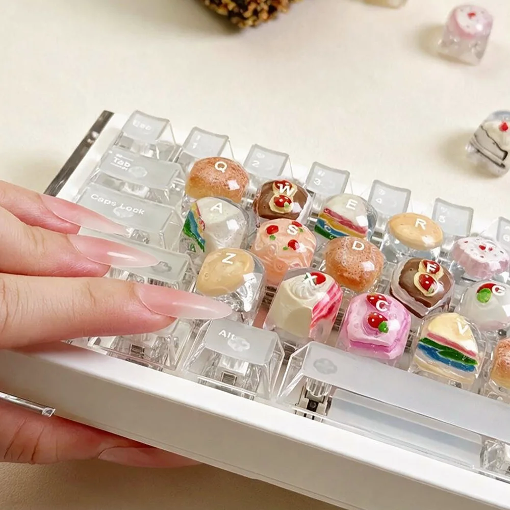 12/26Pcs Kawaii Dessert Keycaps for Long Nails Friendly Raised Keycap Cake Decorative Key Caps for MX Mechanical Cute Keyboard