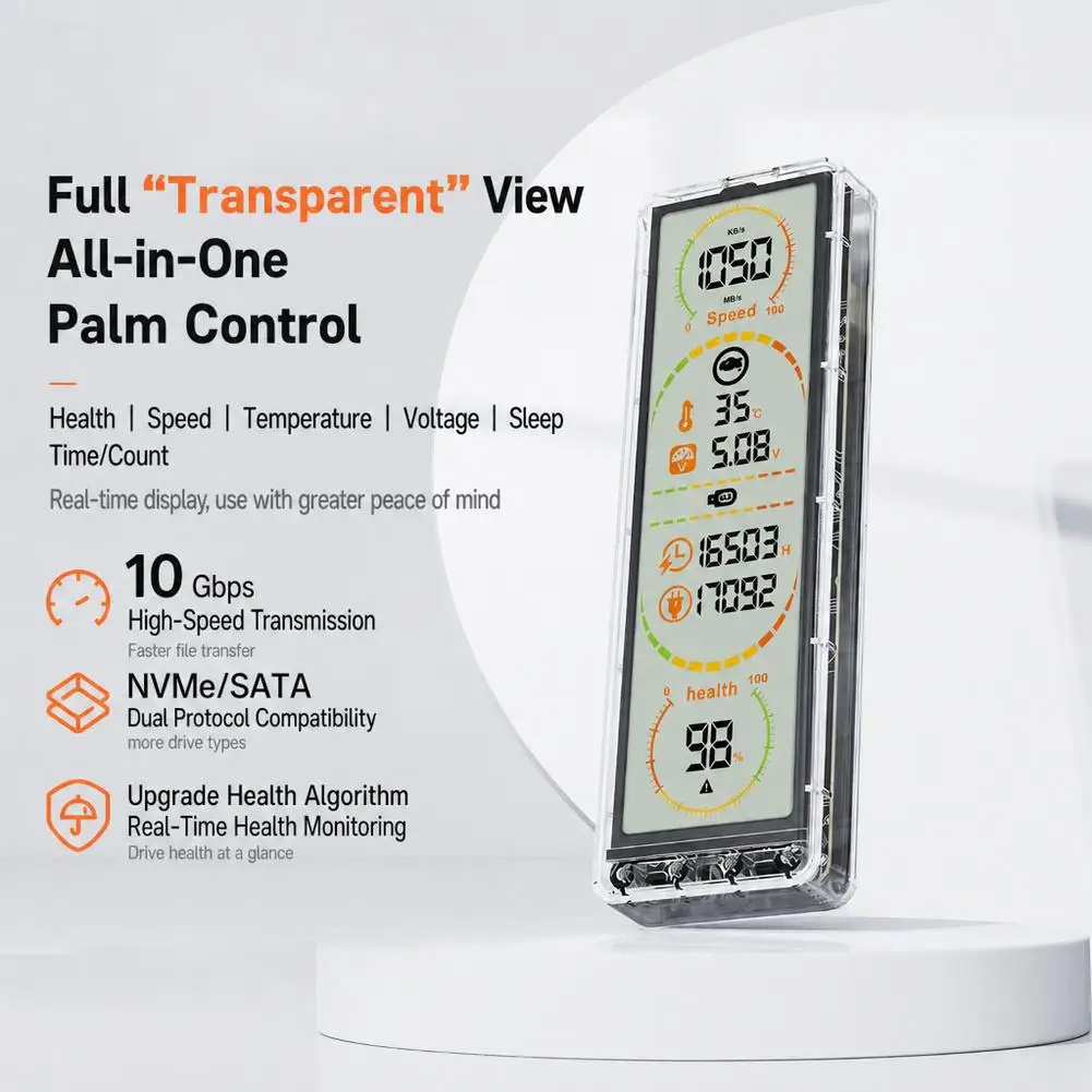 10Gbps NVMe/SATA Enclosure  Real-Time Speed/Temp/Health Monitor for M.2 SSD ﻿