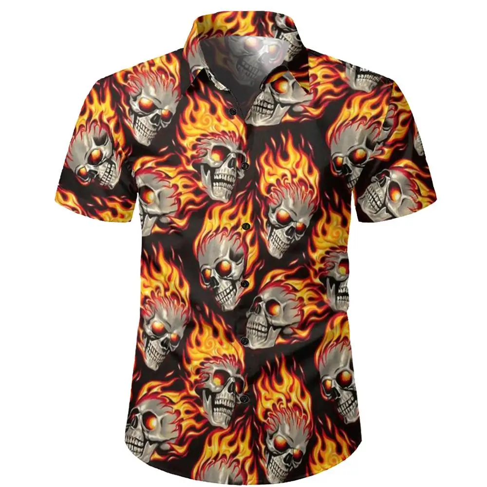 Men\'s Skull Shirts Casual Short Sleeve Shirt For Men Summer Black White Printed Men\'s Clothing Loose Oversized Lapel Shirts Top