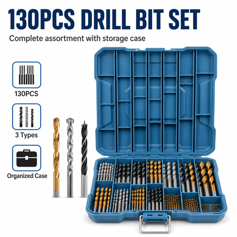 130PCS Multi‑Material Drill Bits Kit, HSS Twist, Masonry & Wood Brad‑Point Bits for Concrete Wood Metal with Box