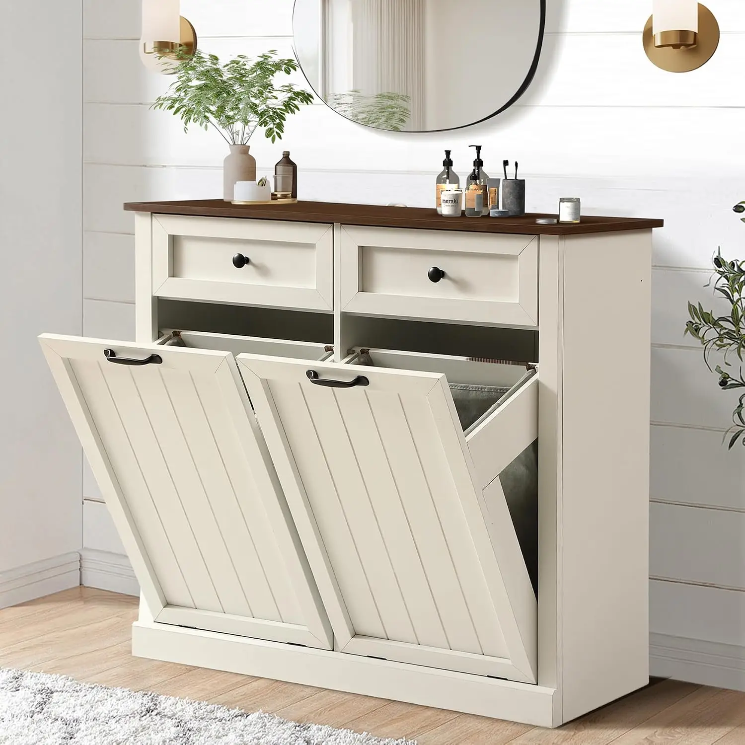 Modern Double Tilt Out Laundry Hamper Cabinet, Farmhouse 22 Gallon Hidden Garbage Cabinet w/2 Laundry Storage, Customized