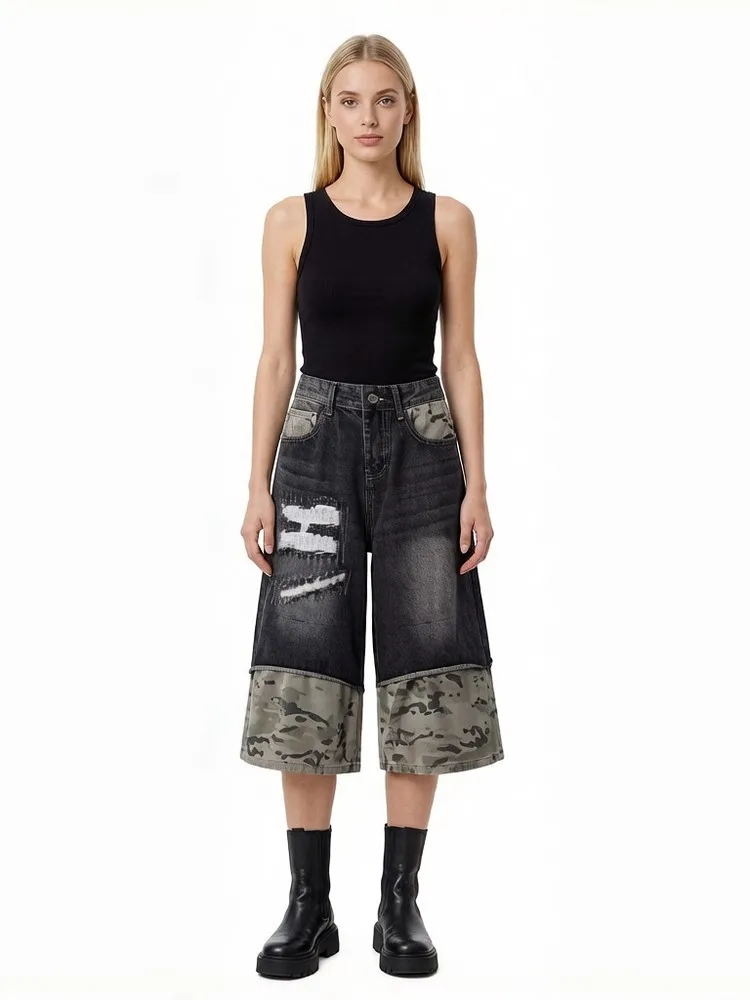 Camouflage Military Patchwork Ripped Denim Washed Distressed Grunge Women's Jeans Pants Trousers for Women Girls Streetwear