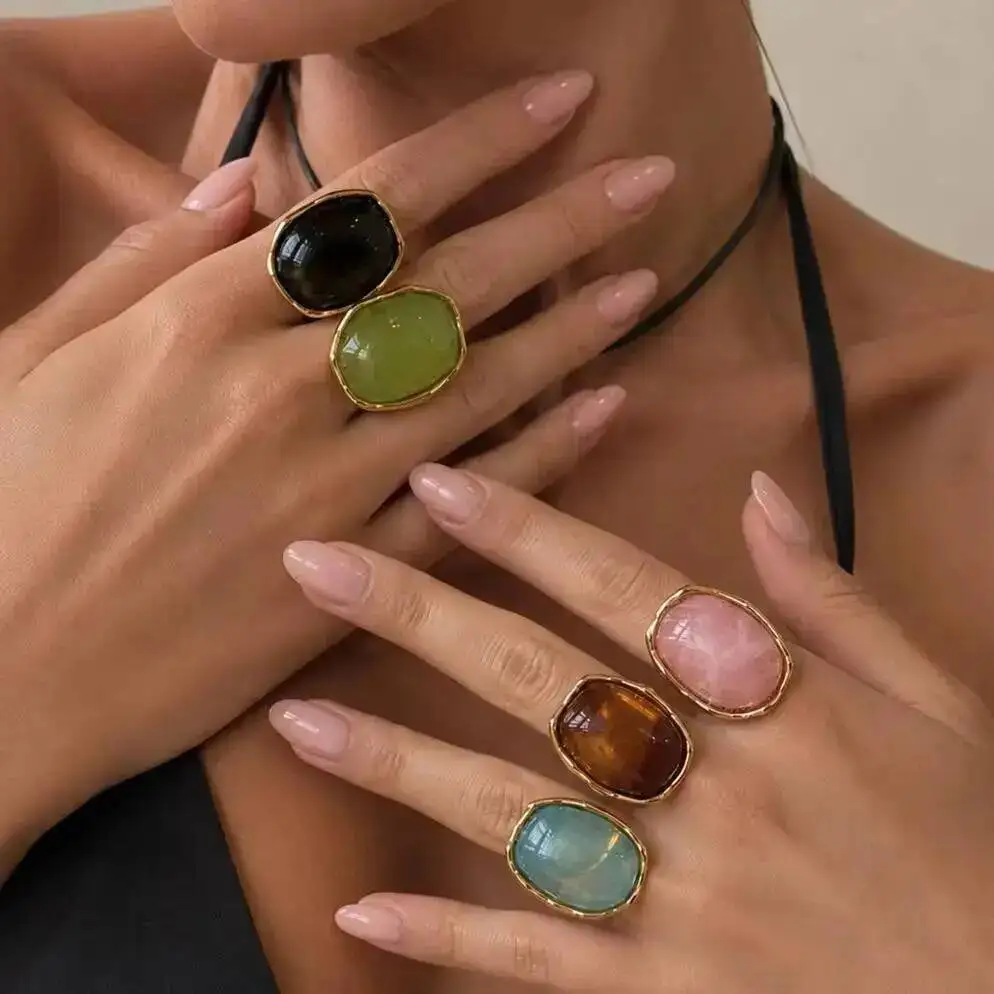 SHIXIN Exquisite Multi-Color Acrylic Resin Adjustable Ring Women 18K Gold Plated Stainless Steel Rings Summer Waterproof Jewelry