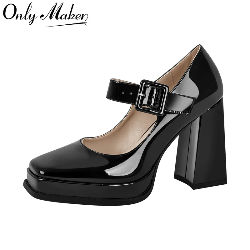 Onlymaker Women Black Patent Leather Square Toe Mary Jane Buckle Strap Chunky Heel Pumps