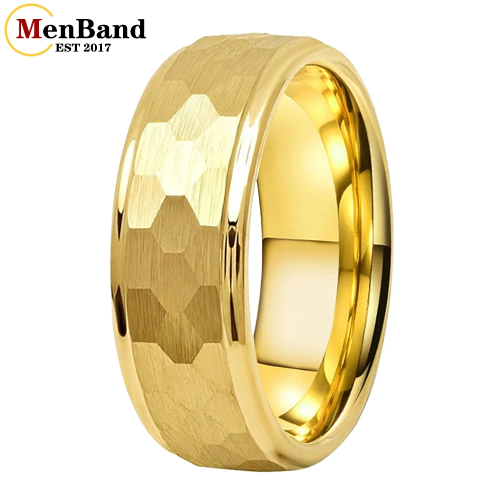 

MenBand 6/8MM Men Women Gold Color Tungsten Carbide Wedding Ring Stepped Edges Multifaced Hammered Brushed Finish Comfort Fit