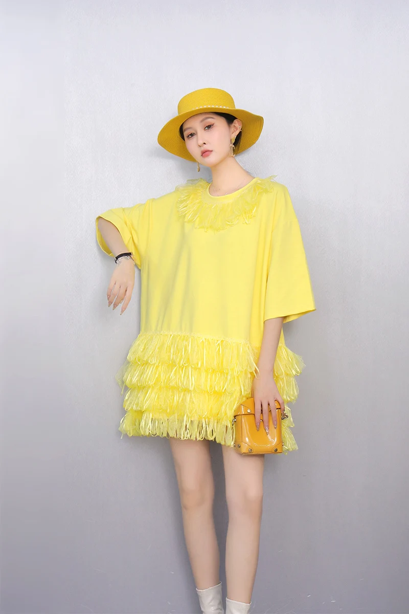 2025 Wiosna Lato Moda Eleganckie O-Neck Luźne Długie T-shirty Sukienki Kobiety Siatka Puszysta Sukienka Ladies J1090