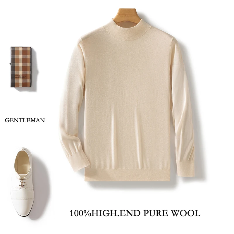 Fall/Winter 2024 New 100 Pure Wool Men's Semi-high Neck Joker Wool Knitted Loose Leisure Sweater