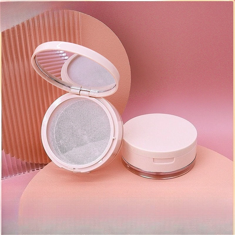 

8g Pink Flip Cover Powder Compact with Mirror, Portable Refillable Empty Case with Puff for Loose Powder