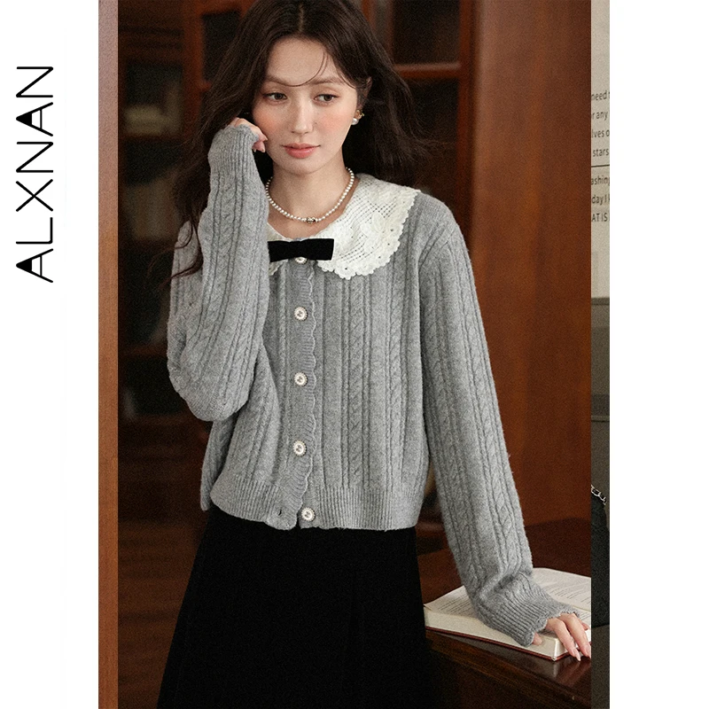 

ALXNAN Women's Sweaters Autumn Lace-trim Patchwork Bow Button Knitted Cardigan New Hollow-out Commuting Female Knitwear L57828