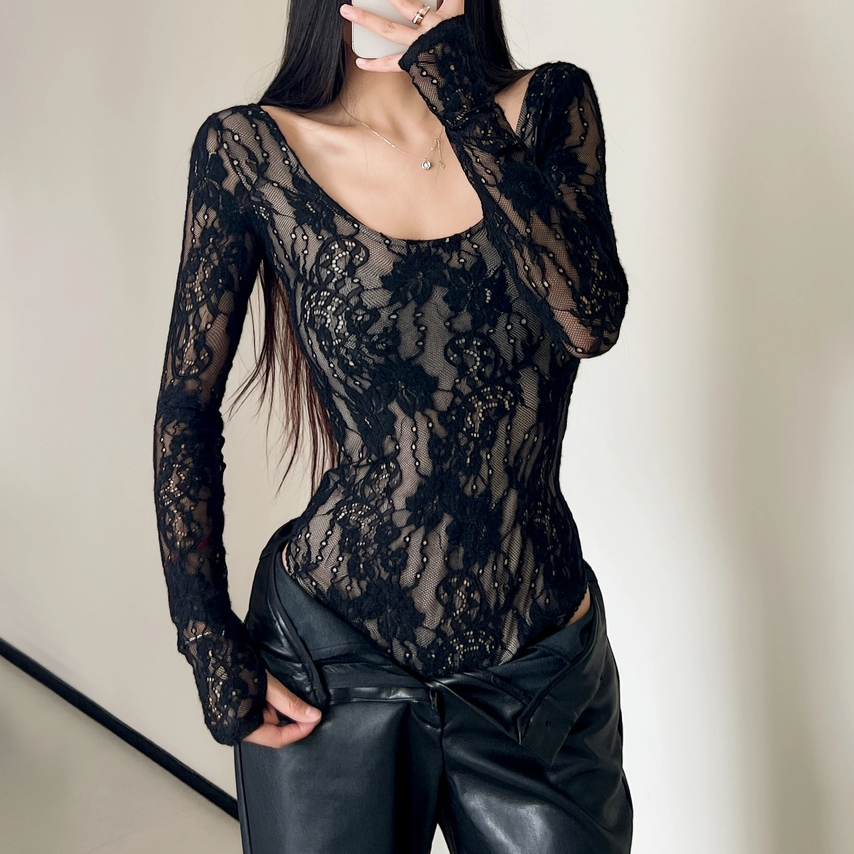 New Spring See Through Lace With Lining O neck Long Sleeve Bodysuit Sexy Woman Tight Short Jumpsuit Slim fit Rompers Playsuits