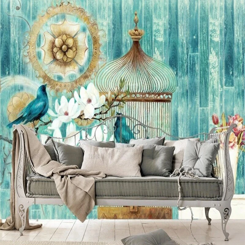 Modern and simple European country-style flower-and-bird design retro wooden wall TV luxurious home bedroom background wall