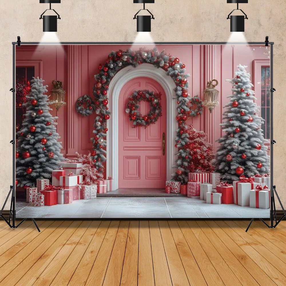 الوردي عيد الميلاد متجر خلفية الشتاء الوردي شجرة عيد الميلاد كرات هدية مربع ندفة الثلج الأسرة عطلة حزب ديكور التصوير الخلفية