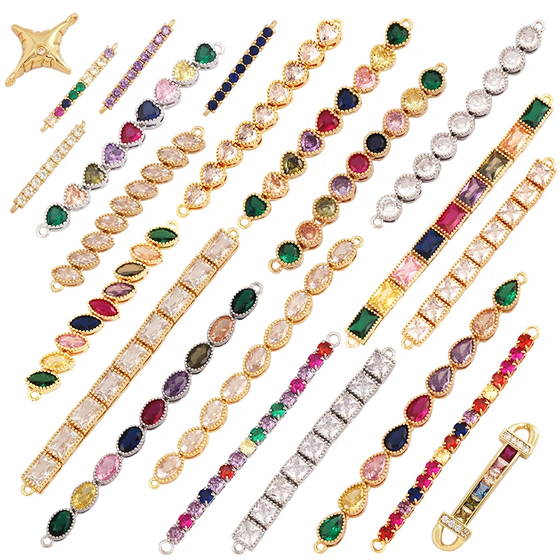 Trendy Heart Round Water Drop Square Style Rainbow Zircon Connector,18K Gold Bracelet Necklace Charm Jewelry Findings Supply M63