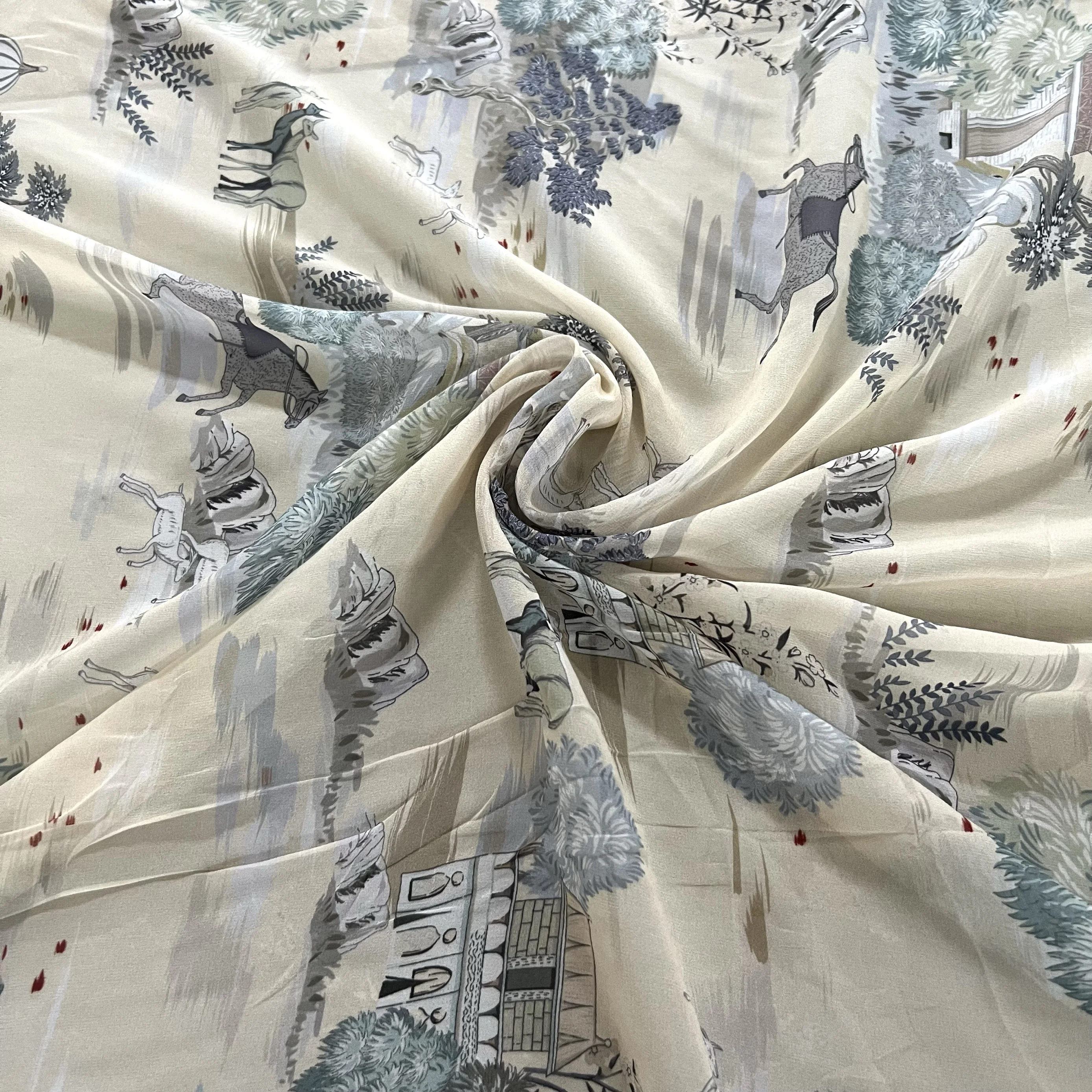

1 meter 100% Mulberry Silk 12 Momme Thin Georgette Silk Fabric Cream-white Horse Printed 138cm 54" wide by the yard XX298