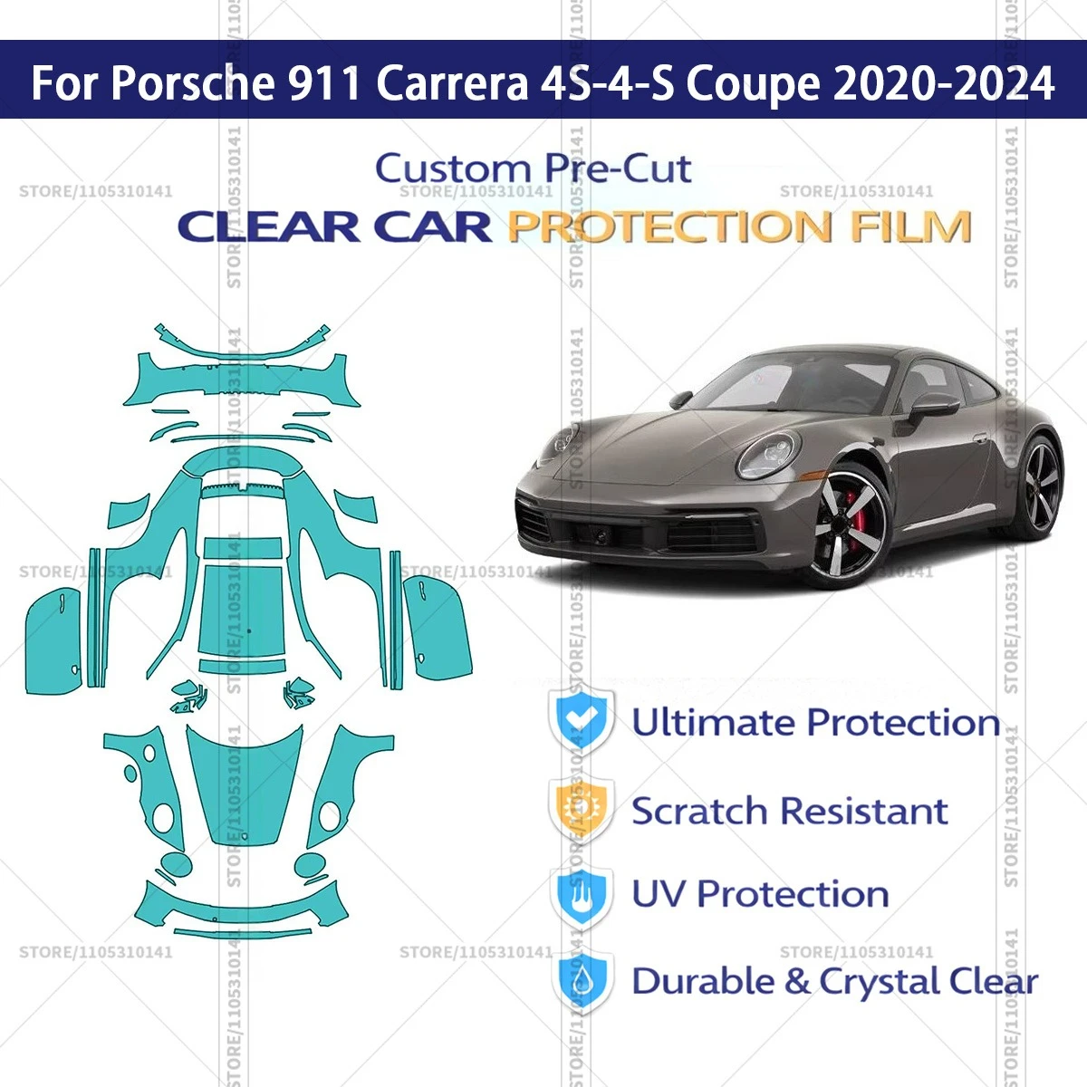

For Porsche 911 Carrera 4S-4-S Coupe 2020-2024 Pre-Cut Paint Protection Film PPF Transparent Car Film Automotive PPF