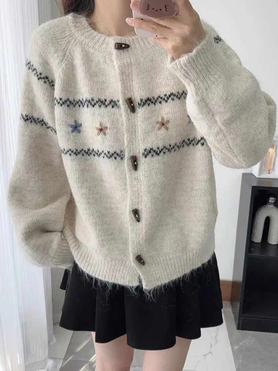 

Корейский мягкий лиловый круглый вязаный свитер на пуговицах, женский осенне-зимний нежный свободный вязаный свитер на крючках