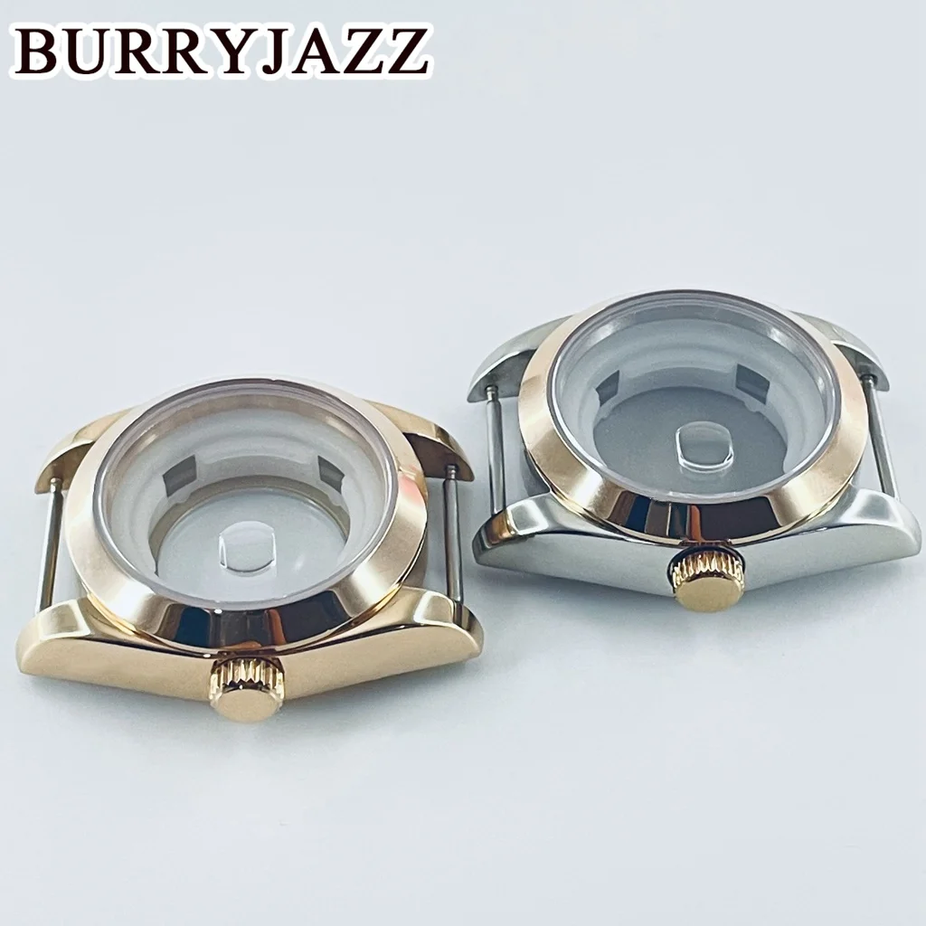 BURRYJAZZ 31 ملم NH05 NH06 حافظة ساعة فضية ووردية من الفولاذ المقاوم للصدأ مع ياقوت كريستال مقاوم للماء