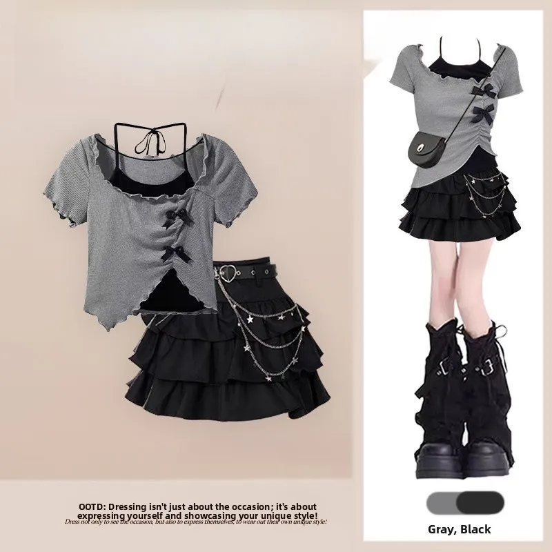 Summer Fashion Set Grey Asymmetrical Top Cake Doll Short Skirt Set Women's Sweet And Spicy Style Small Size Clothing