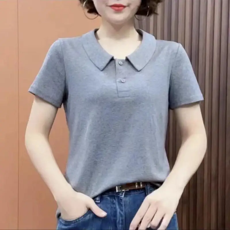 Korean Women Short Sleeve Solid color Polo Shirts Summer New Fashion Pattern Casual T-Shirt All-match Lapel Pullover Tops