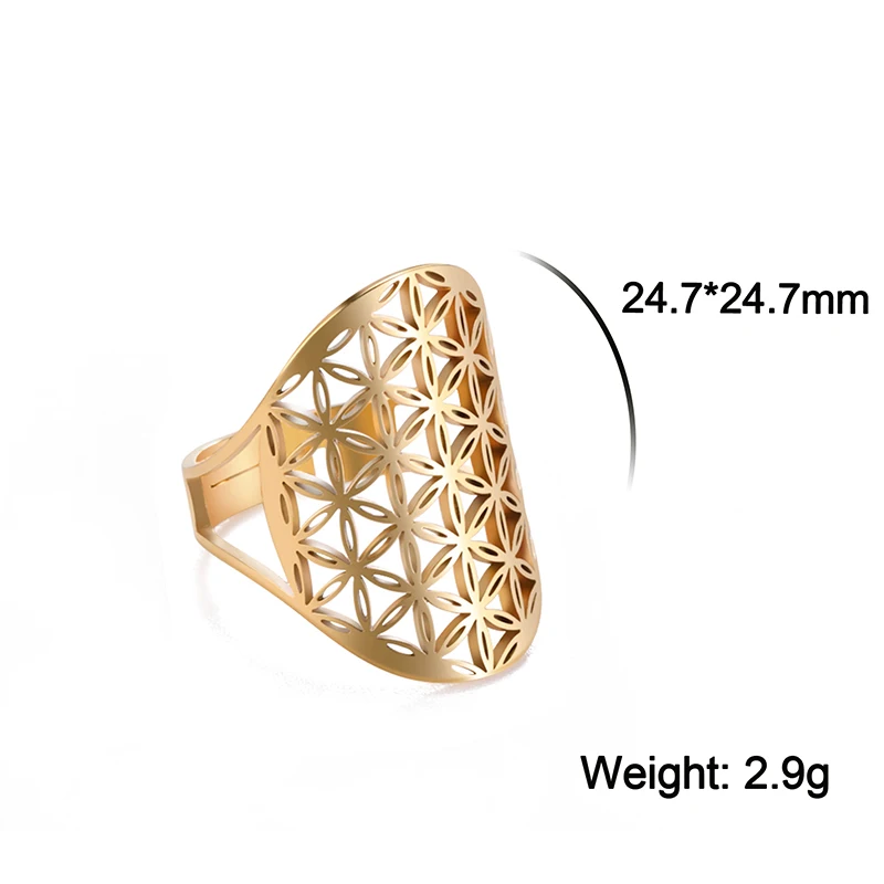 Stainless Steel Big Hollow Flower Of Life Ring Adjustable Sacred Geometry Rings For Women Men