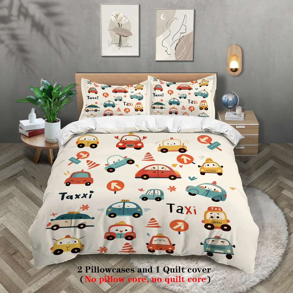 

3-piece cartoon cute car pattern print (1 duvet cover+2 pillowcases, no core) soft and comfortable bedding set