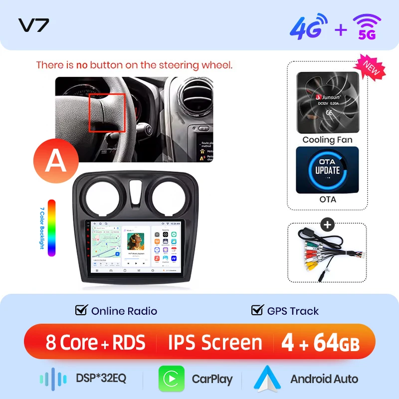Junsun draadloze CarPlay Android Auto autoradio voor Dacia/Renault Logan 2 & Sandero 2 2012-2020 met ingebouwde koelventilator, Android GPS navigatie, multimediaspeler, WiFi, DSP, RDS, BT, SWC, IPS