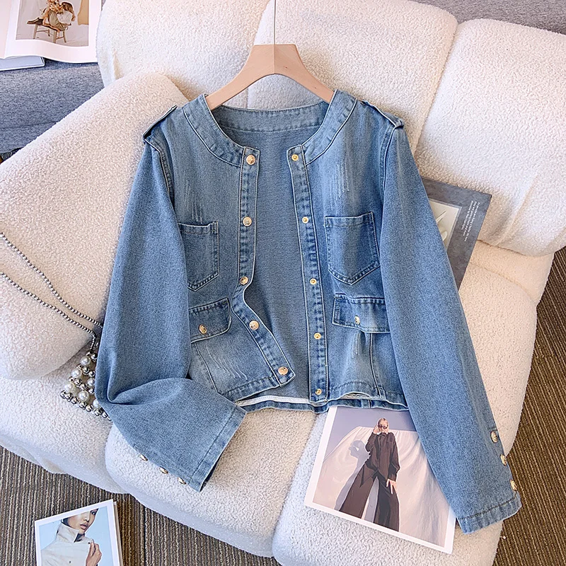 Fashion O-neck Denim Jacket for Women's Autumn 2024 New Loose Fitting Hong Kong Style Retro Ladies Short Coatst Top